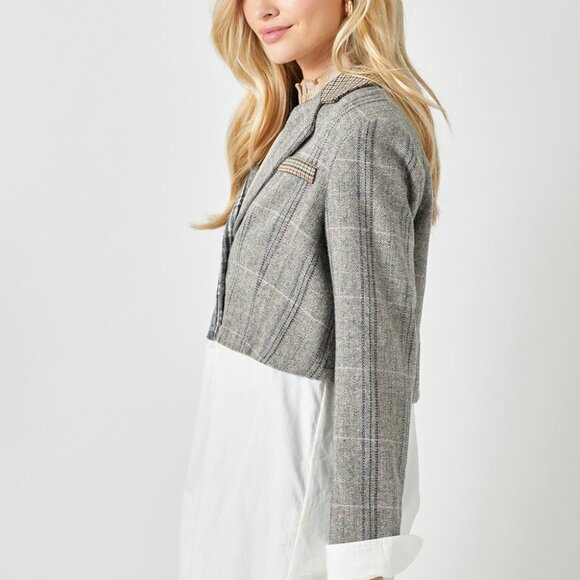 MYSTREE Grey Plaid Contrast Blazer Shirt Combo, Mixed Media Layered Button Down - Picture 4 of 8